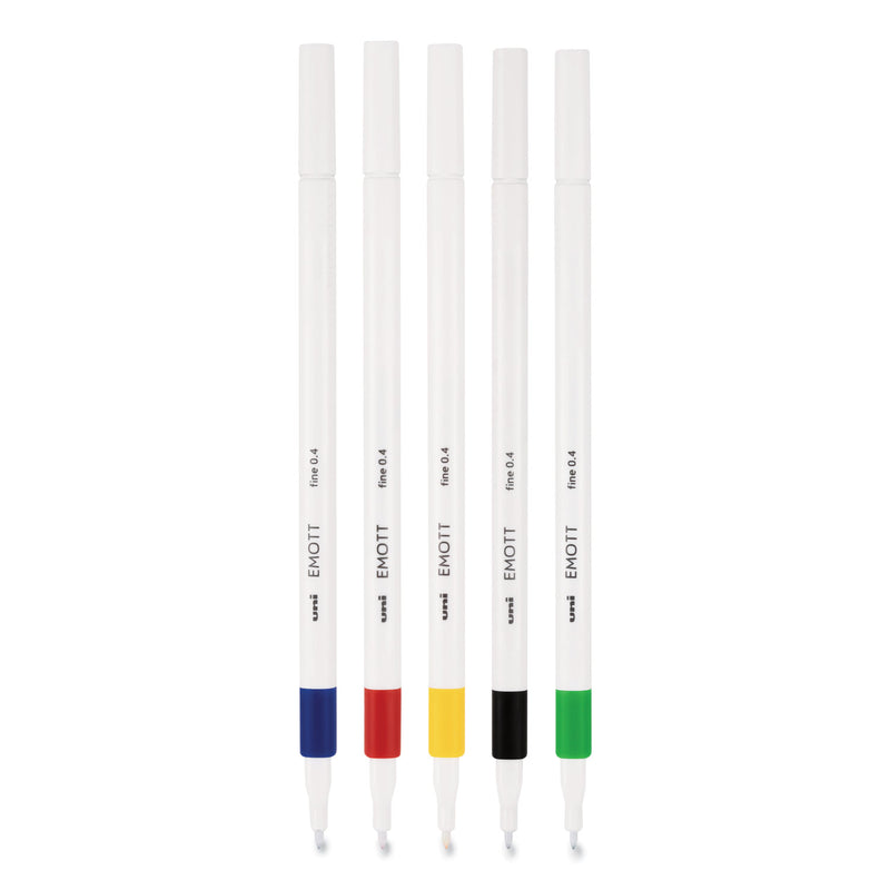 uniball EMOTT Porous Point Pen, Stick, Fine 0.4 mm, Assorted Ink Colors, White Barrel, 5/Pack