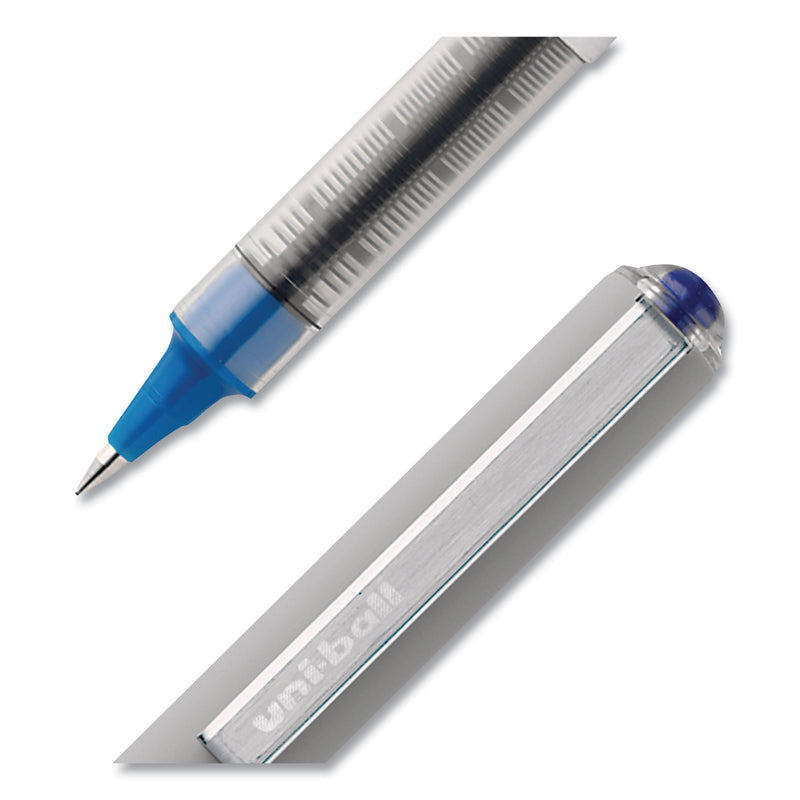 uniball VISION Roller Ball Pen, Stick, Fine 0.7 mm, Blue Ink, Blue/Gray Barrel, Dozen