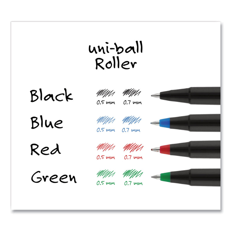 uniball Roller Ball Pen, Stick, Micro 0.5 mm, Black Ink, Black Barrel, 72/Pack