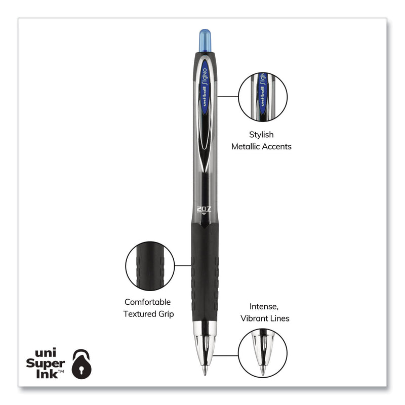 uniball Signo 207 Gel Pen, Retractable, Medium 0.7 mm, Blue Ink, Black Barrel, 36/Box