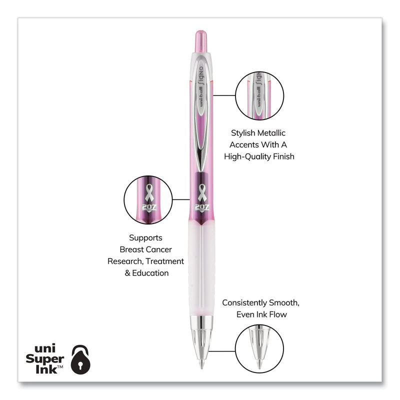 uniball Signo 207 Gel Pen, Retractable, Medium 0.7 mm, Black Ink, Pink Barrel, 2/Pack