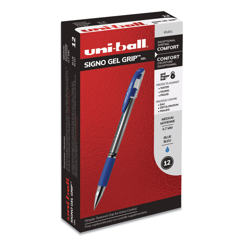 uniball Signo GRIP Gel Pen, Stick, Medium 0.7 mm, Blue Ink, Silver/Blue Barrel, Dozen