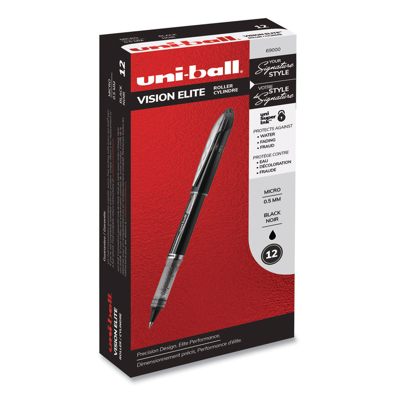 uniball VISION ELITE Roller Ball Pen, Stick, Extra-Fine 0.5 mm, Black Ink, Black Barrel