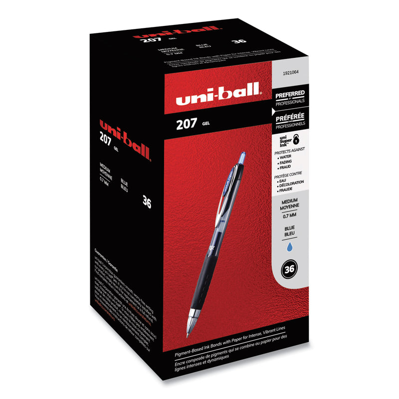 uniball Signo 207 Gel Pen, Retractable, Medium 0.7 mm, Blue Ink, Black Barrel, 36/Box