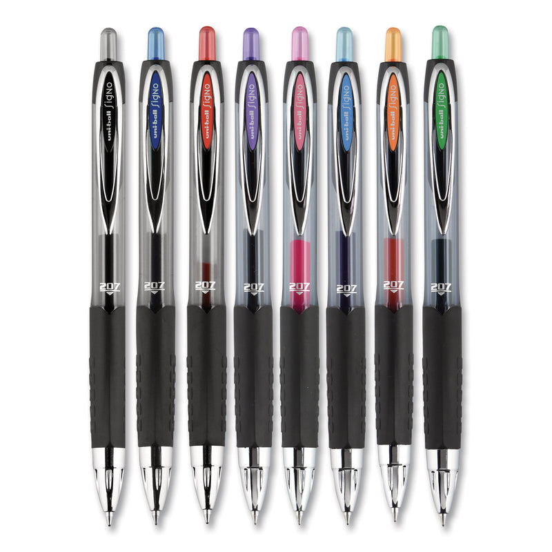 uniball Signo 207 Gel Pen, Retractable, Medium 0.7 mm, Assorted Ink Colors, Black Barrel, 8/Pack