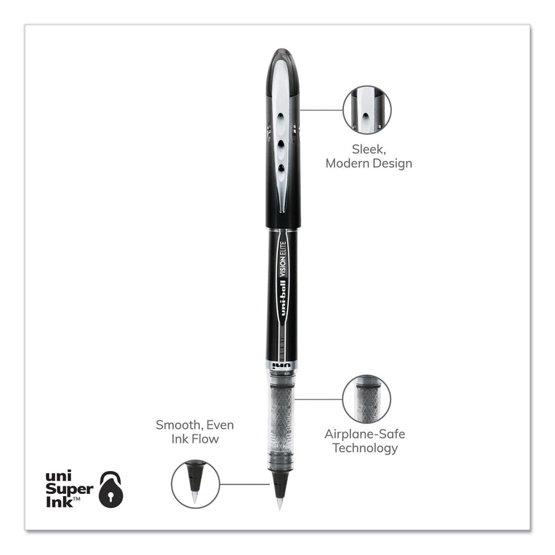 uniball VISION ELITE Roller Ball Pen, Stick, Extra-Fine 0.5 mm, Black Ink, Black Barrel