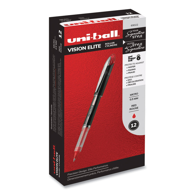 uniball VISION ELITE Roller Ball Pen, Stick, Extra-Fine 0.5 mm, Red Ink, Black/Red Barrel