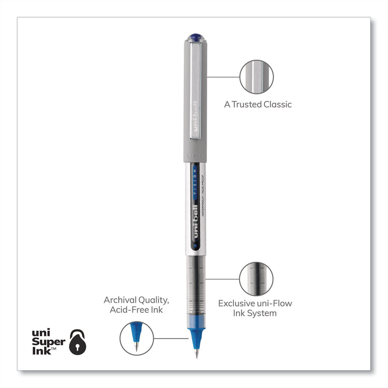 uniball VISION Roller Ball Pen, Stick, Fine 0.7 mm, Blue Ink, Blue/Gray Barrel, Dozen