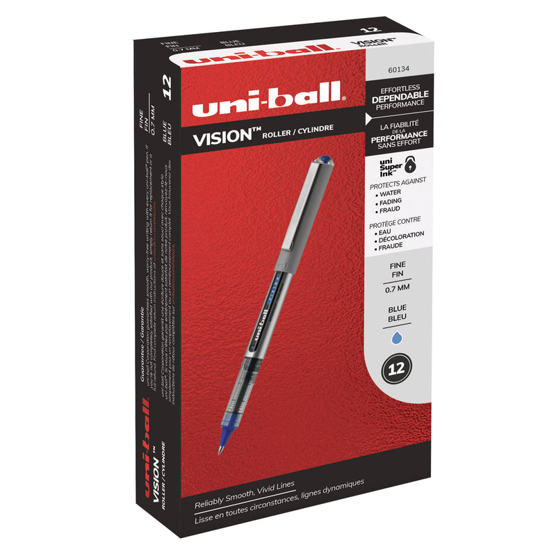 uniball VISION Roller Ball Pen, Stick, Fine 0.7 mm, Blue Ink, Blue/Gray Barrel, Dozen