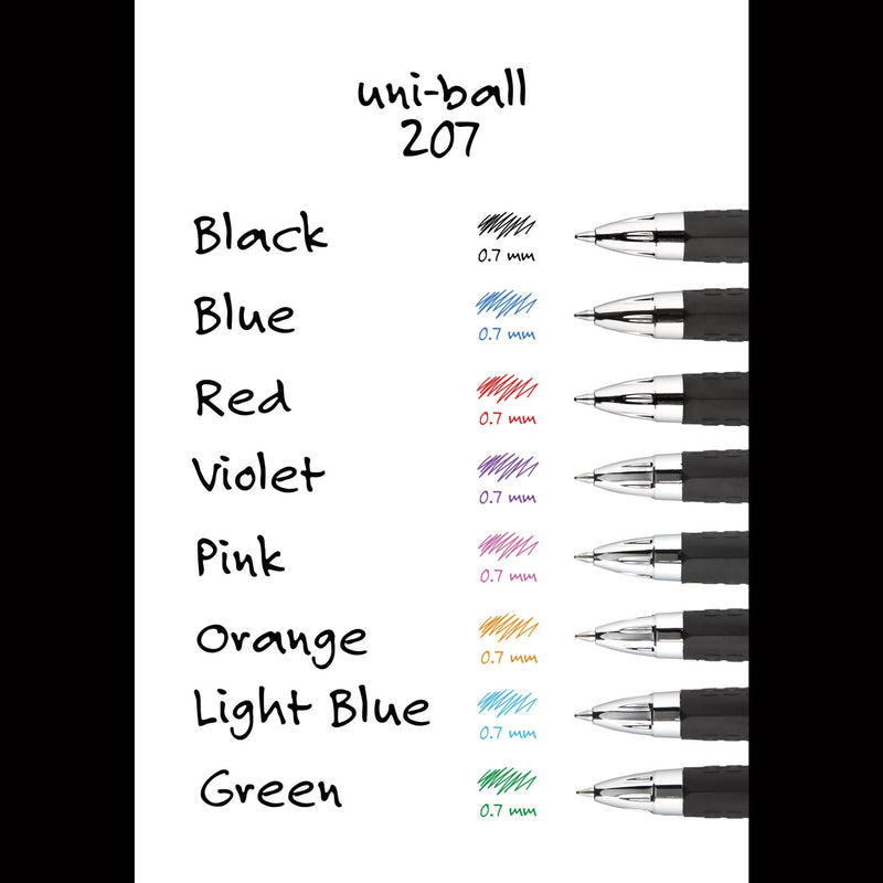 uniball Signo 207 Gel Pen, Retractable, Medium 0.7 mm, Assorted Ink Colors, Black Barrel, 8/Pack