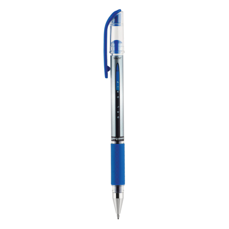 uniball Signo GRIP Gel Pen, Stick, Medium 0.7 mm, Blue Ink, Silver/Blue Barrel, Dozen