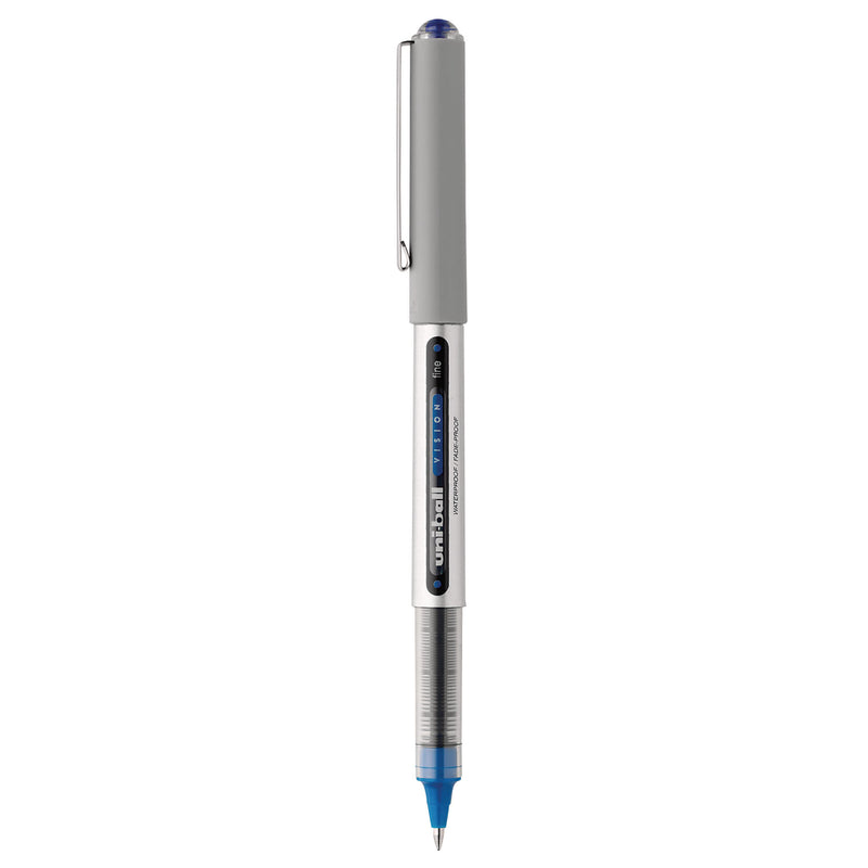 uniball VISION Roller Ball Pen, Stick, Fine 0.7 mm, Blue Ink, Blue/Gray Barrel, Dozen