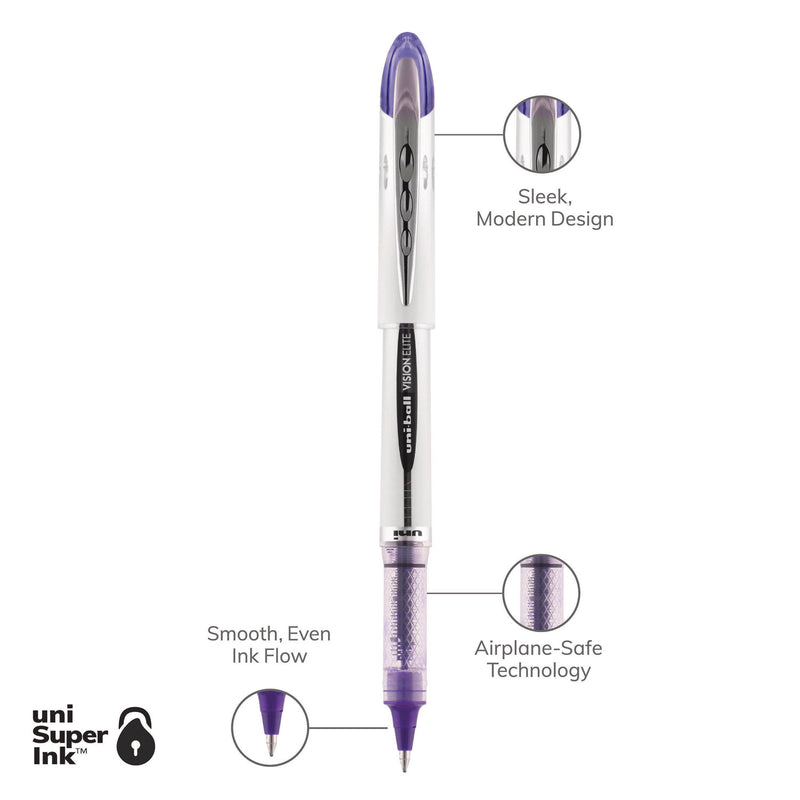 uniball VISION ELITE Roller Ball Pen, Stick, Bold 0.8 mm, Purple Ink, White/Purple Barrel