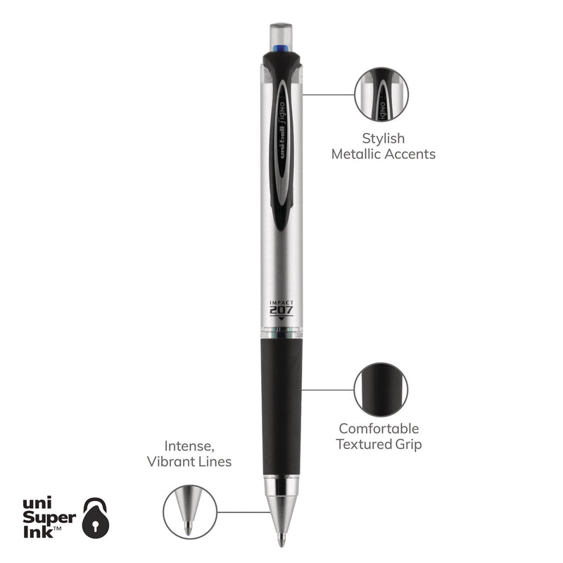 uniball 207 Impact Gel Pen, Retractable, Bold 1 mm, Blue Ink, Black/Blue Barrel