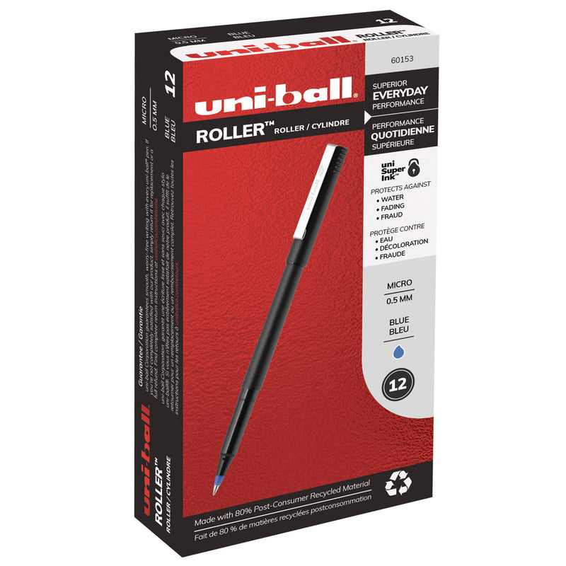 uniball Roller Ball Pen, Stick, Micro 0.5 mm, Blue Ink, Black Matte Barrel, Dozen