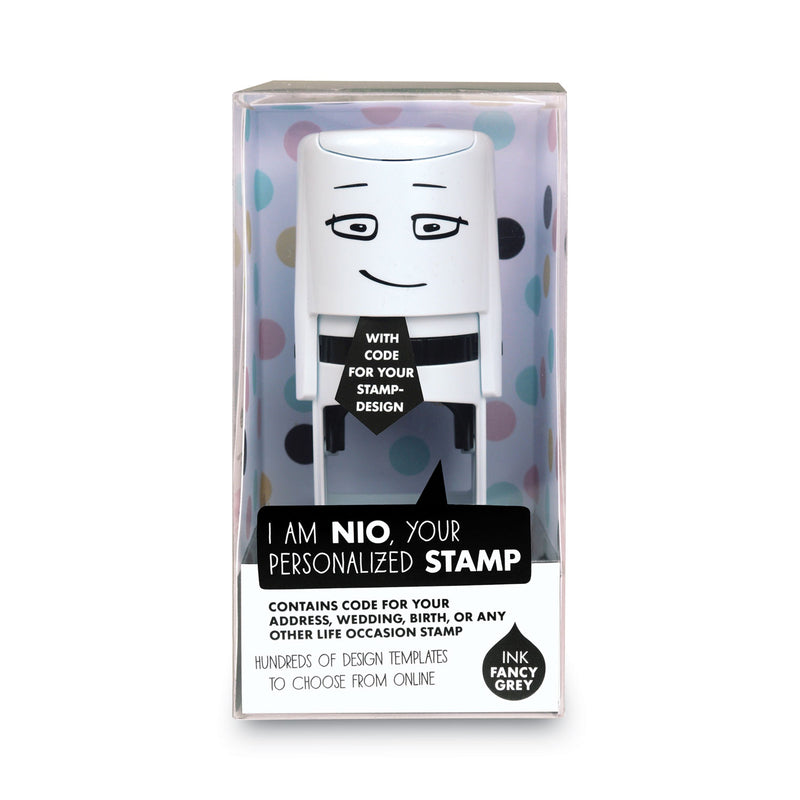 NIO Stamp with Voucher and Fancy Gray Ink Pad, Self-Inking, 1.56" Diameter