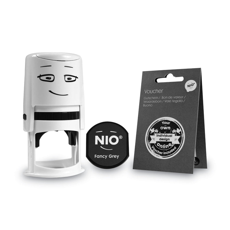 NIO Stamp with Voucher and Fancy Gray Ink Pad, Self-Inking, 1.56" Diameter