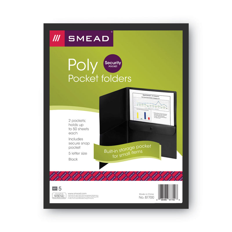 Smead Poly Two-Pocket Folder with Snap Closure Security Pocket, 100-Sheet Capacity, 11 x 8.5, Black, 5/Pack