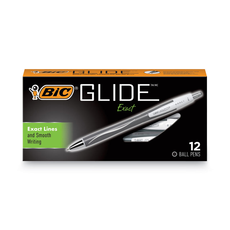 BIC GLIDE Exact Ballpoint Pen, Retractable, Fine 0.7 mm, Black Ink, Black Barrel, Dozen