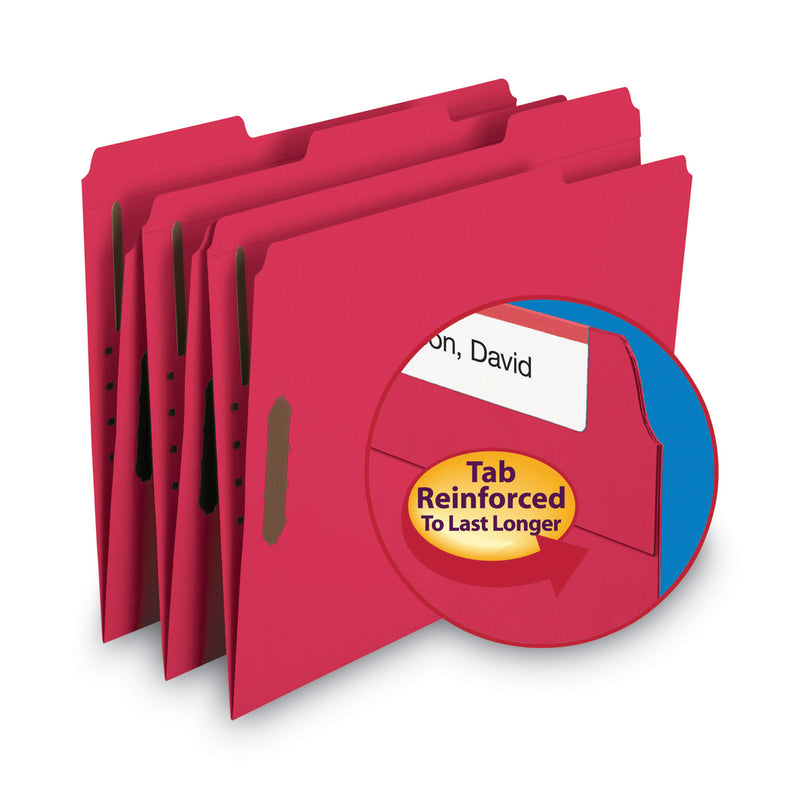 Smead WaterShed CutLess Reinforced Top Tab Fastener Folders, 2 Fasteners, Letter Size, Red Exterior, 50/Box