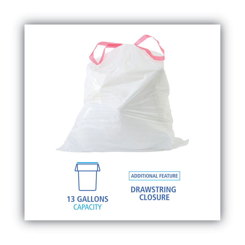 Boardwalk Drawstring Kitchen Bags, 13 gal, 0.8 mil, White, 50 Bags/Roll, 2 Rolls/Carton