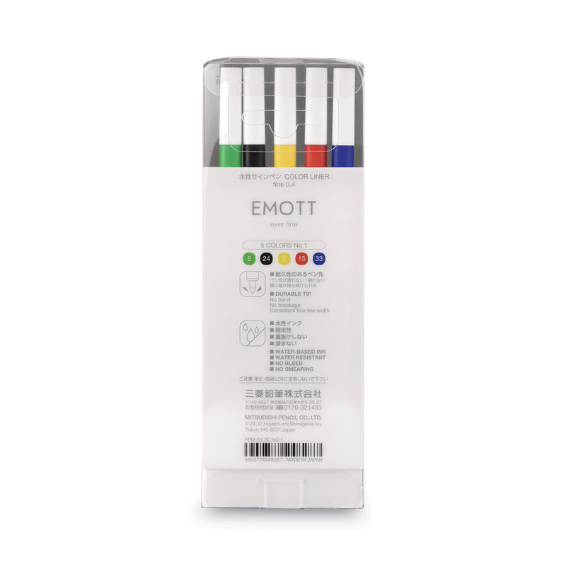 uniball EMOTT Porous Point Pen, Stick, Fine 0.4 mm, Assorted Ink Colors, White Barrel, 5/Pack