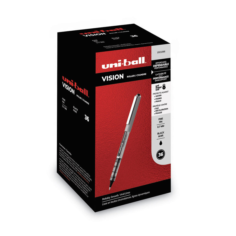 uniball VISION Roller Ball Pen, Stick, Fine 0.7 mm, Black Ink, Silver Barrel, 36/Pack