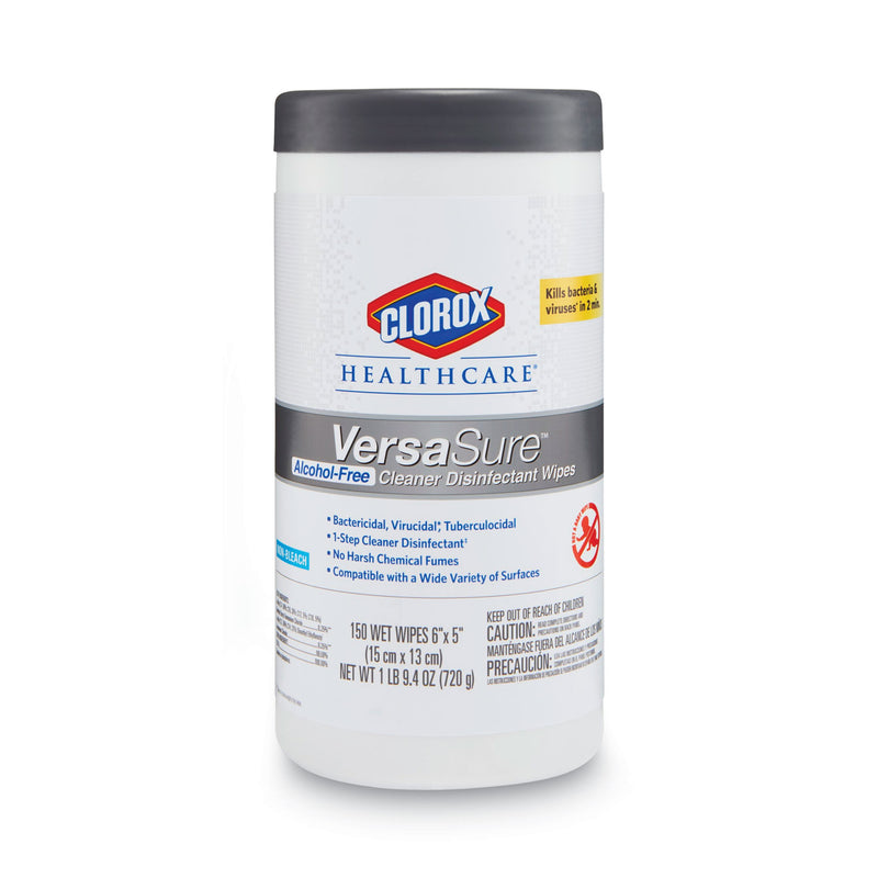 Clorox VersaSure Cleaner Disinfectant Wipes, 1-Ply, 6.75 x 8, White, 150/Canister, 6 Canisters/Carton