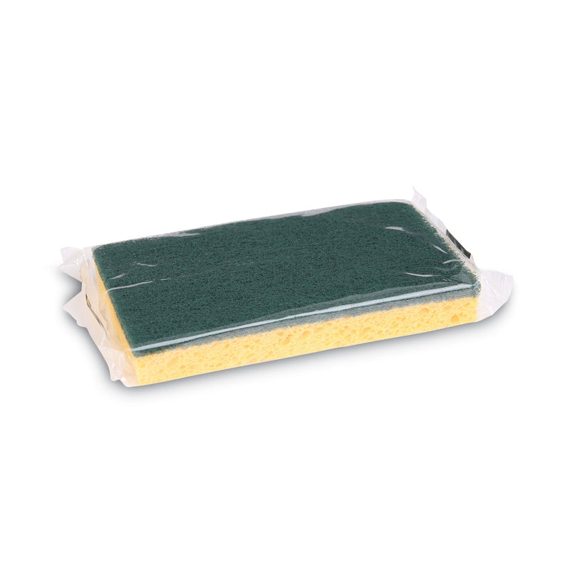 Boardwalk Scrubbing Sponge, Medium Duty, 3.6 x 6.1, 0.75" Thick, Yellow/Green, Individually Wrapped, 20/Carton