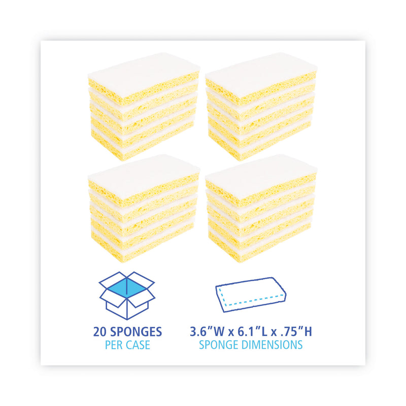 Boardwalk Scrubbing Sponge, Light Duty, 3.6 x 6.1, 0.7" Thick, Yellow/White, Individually Wrapped, 20/Carton