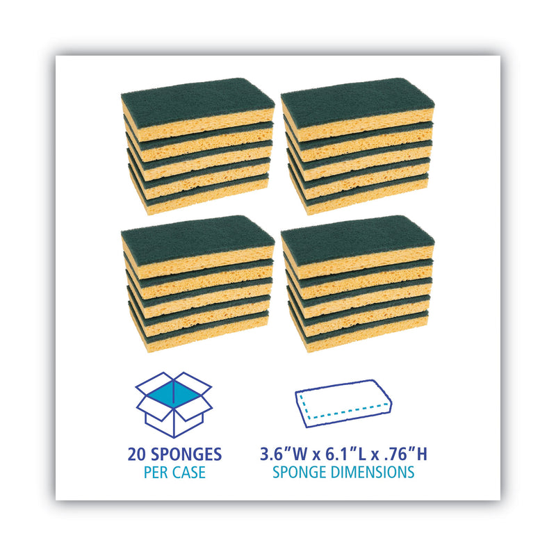 Boardwalk Scrubbing Sponge, Medium Duty, 3.6 x 6.1, 0.75" Thick, Yellow/Green, Individually Wrapped, 20/Carton