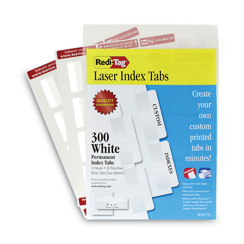 Redi-Tag Laser Printable Index Tabs, 1/5-Cut, White, 2" Wide, 300/Pack