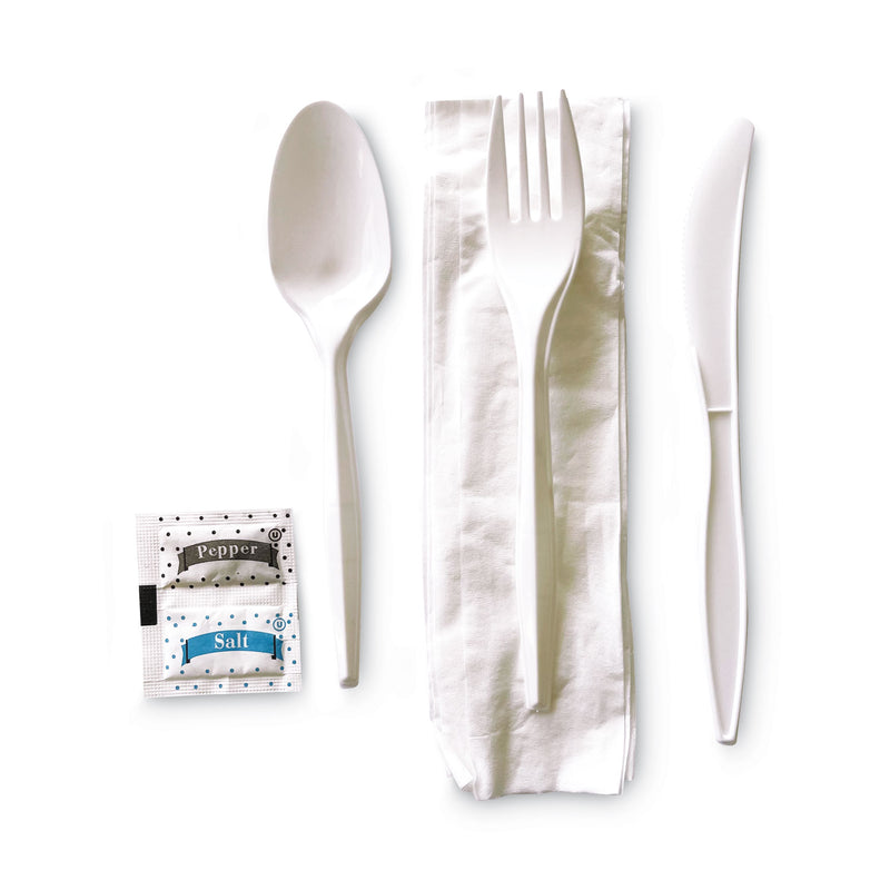 Boardwalk Cutlery Kit, Plastic Fork/Spoon/Knife/Salt/Polypropylene/Napkin, White, 250/Carton