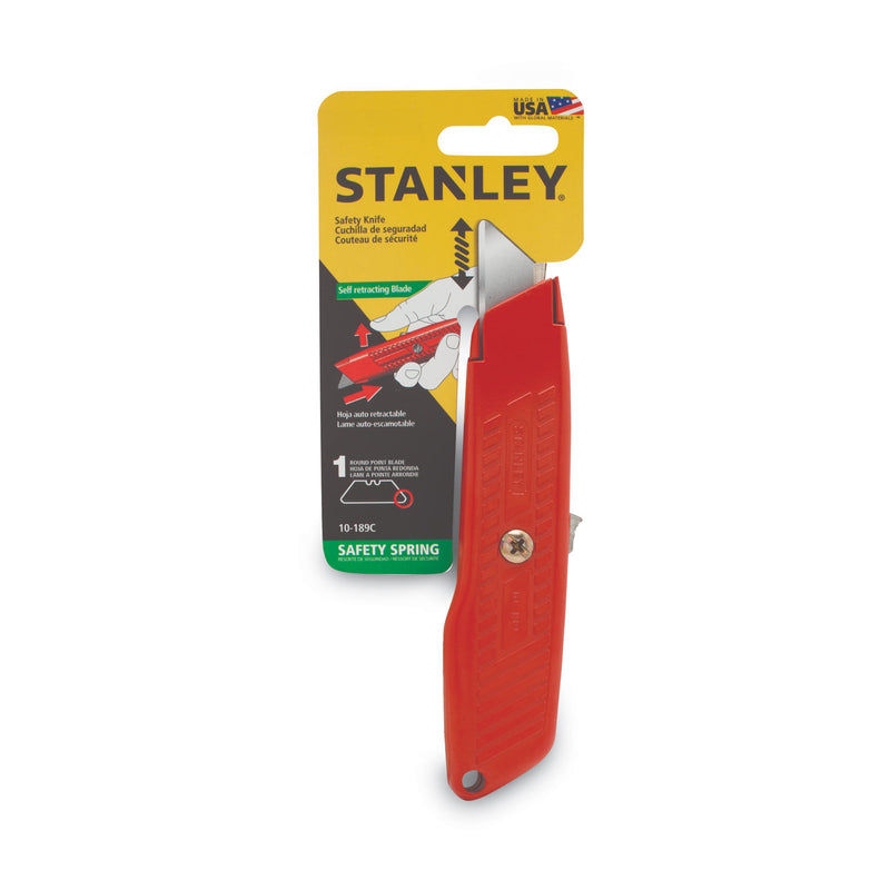 Stanley Interlock Safety Utility Knife with Self-Retracting Round Point Blade, 5.63" Metal Handle, Red Orange