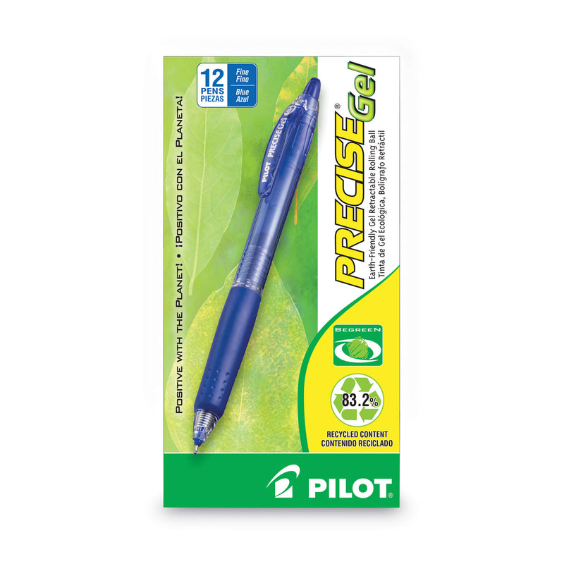 Pilot Precise Gel BeGreen Gel Pen, Retractable, Fine 0.7 mm, Blue Ink, Blue Barrel, Dozen