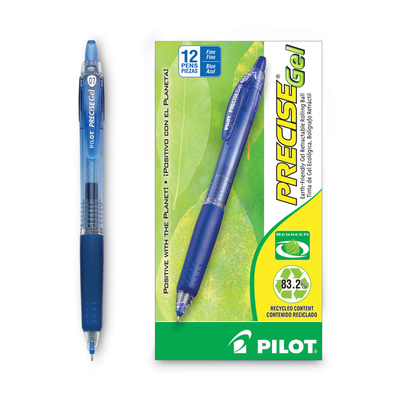 Pilot Precise Gel BeGreen Gel Pen, Retractable, Fine 0.7 mm, Blue Ink, Blue Barrel, Dozen