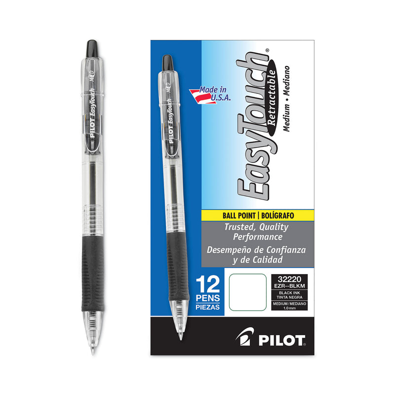 Pilot EasyTouch Ballpoint Pen, Retractable, Medium 1 mm, Black Ink, Clear Barrel, Dozen