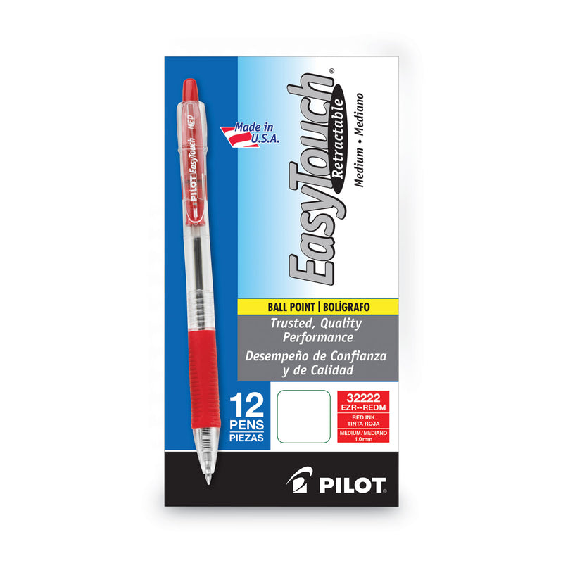 Pilot EasyTouch Ballpoint Pen, Retractable, Medium 1 mm, Red Ink, Clear Barrel, Dozen