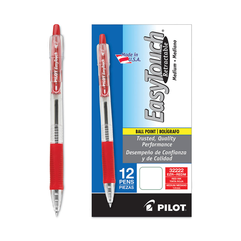 Pilot EasyTouch Ballpoint Pen, Retractable, Medium 1 mm, Red Ink, Clear Barrel, Dozen