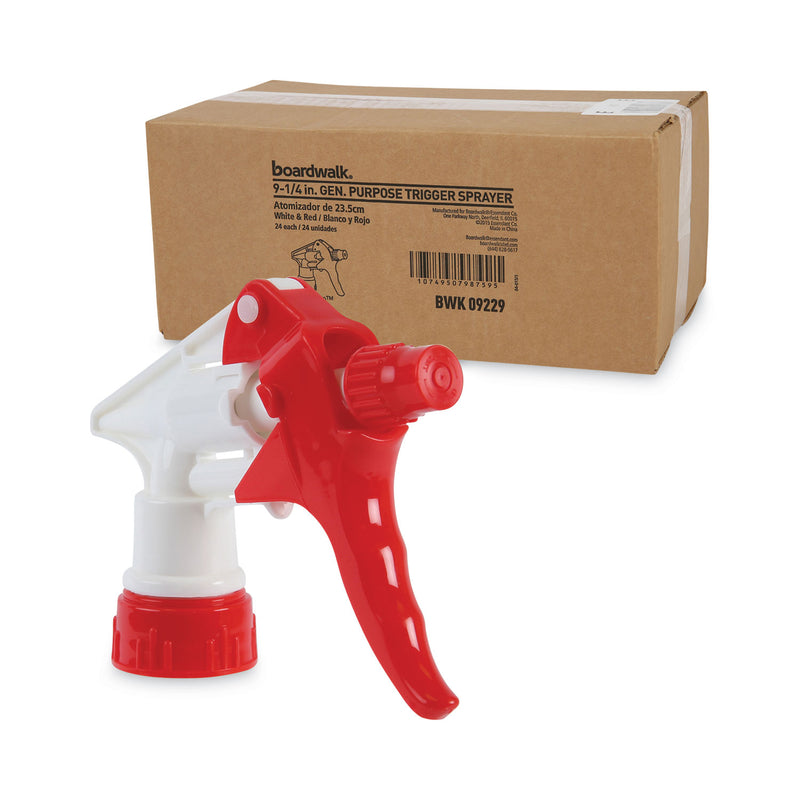 Boardwalk Trigger Sprayer 250, 9.25" Tube Fits 32 oz Bottles, Red/White, 24/Carton