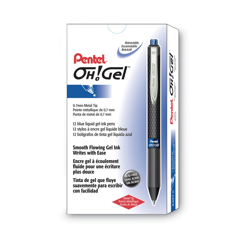Pentel Oh! Gel Pen, Retractable, Medium 0.7 mm, Blue Ink, Black Barrel, Dozen