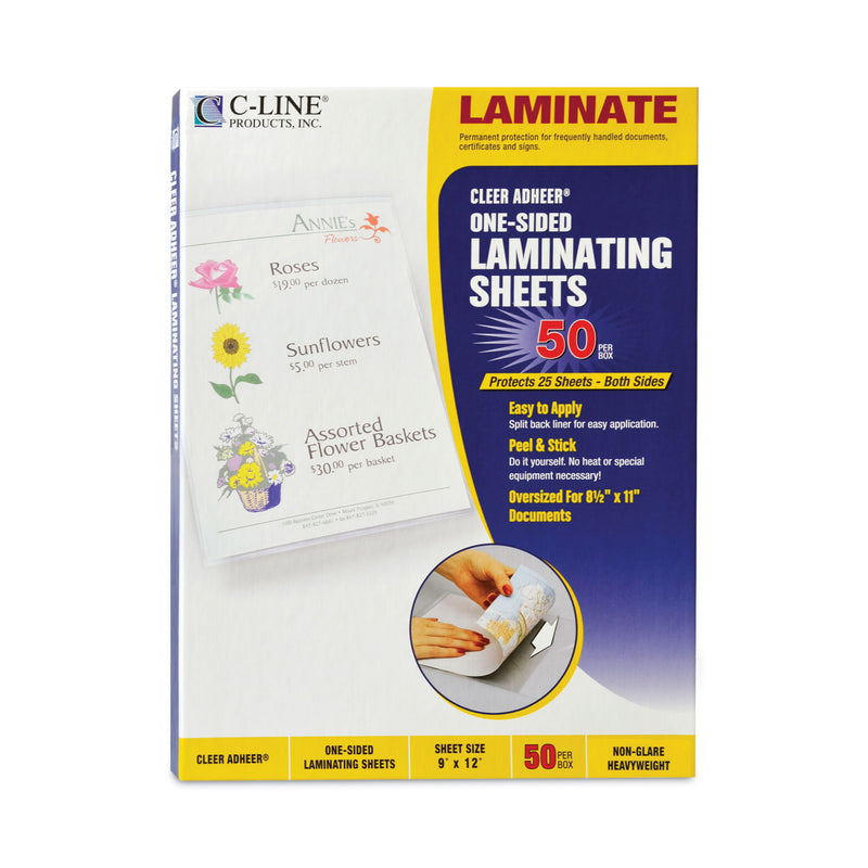 C-Line Cleer Adheer Self-Adhesive Laminating Film, 2 mil, 9" x 12", Non-Glare Clear, 50/Box