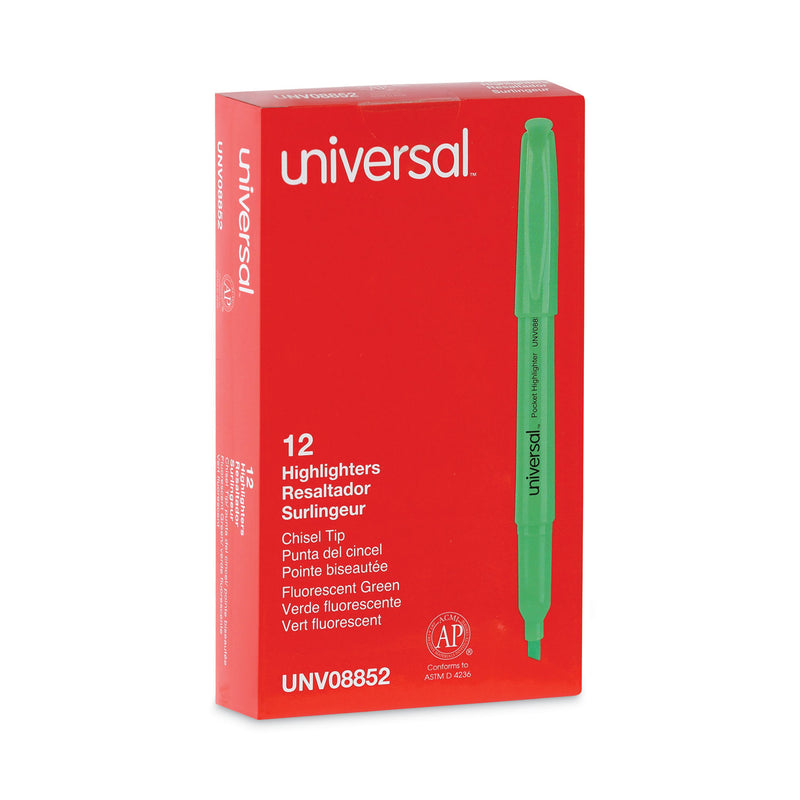 Universal Pocket Highlighters, Fluorescent Green Ink, Chisel Tip, Green Barrel, Dozen