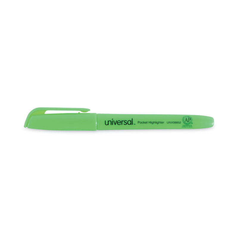 Universal Pocket Highlighters, Fluorescent Green Ink, Chisel Tip, Green Barrel, Dozen