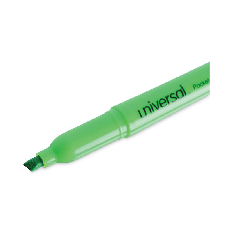 Universal Pocket Highlighters, Fluorescent Green Ink, Chisel Tip, Green Barrel, Dozen