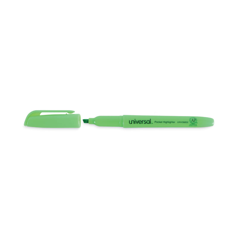 Universal Pocket Highlighters, Fluorescent Green Ink, Chisel Tip, Green Barrel, Dozen