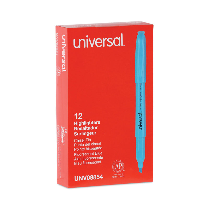 Universal Pocket Highlighters, Fluorescent Blue Ink, Chisel Tip, Blue Barrel, Dozen