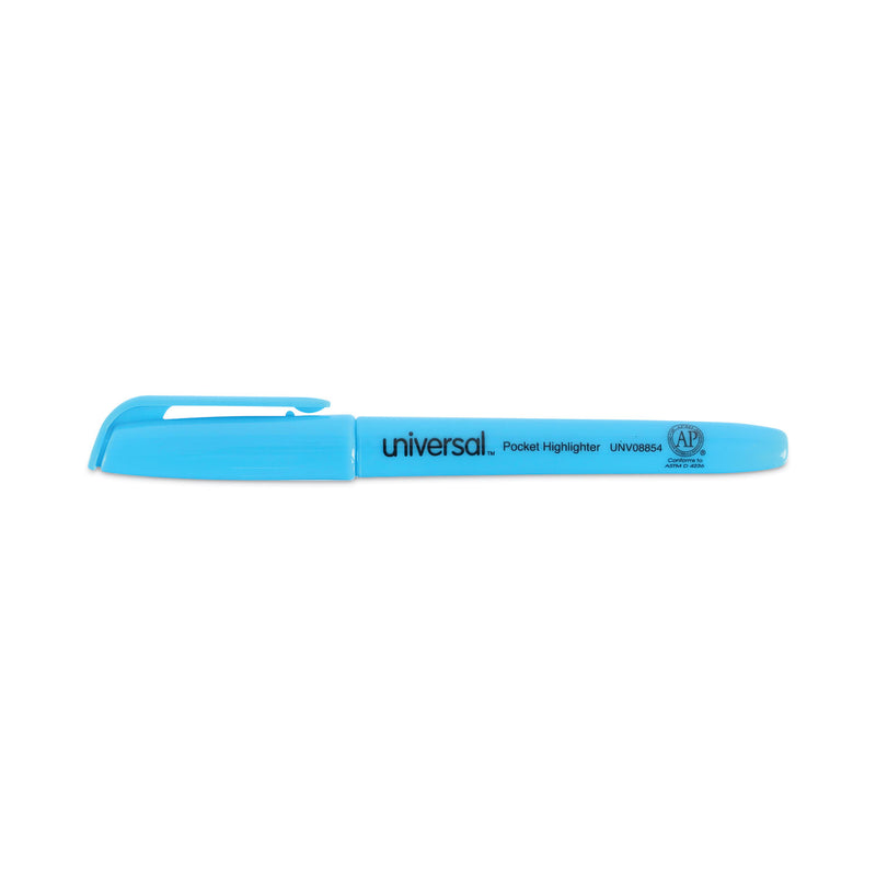 Universal Pocket Highlighters, Fluorescent Blue Ink, Chisel Tip, Blue Barrel, Dozen