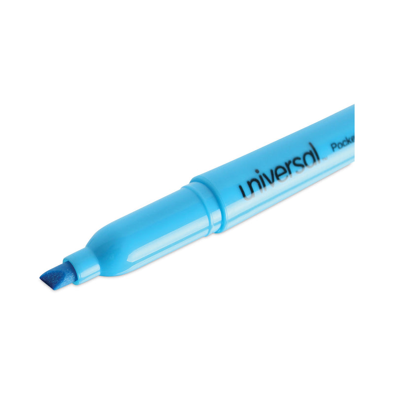 Universal Pocket Highlighters, Fluorescent Blue Ink, Chisel Tip, Blue Barrel, Dozen