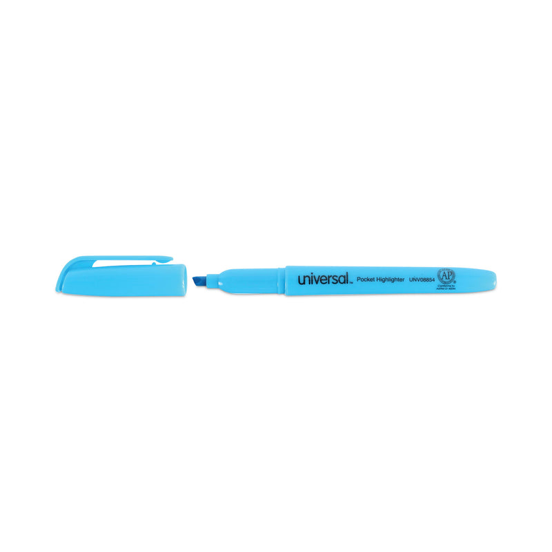 Universal Pocket Highlighters, Fluorescent Blue Ink, Chisel Tip, Blue Barrel, Dozen